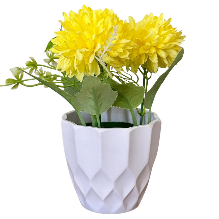 Ceramic Potted Vase Artificial Dhalia, Marigold Flower with Pot for Table Top (Yellow, Size: 3.5x7 Inch)