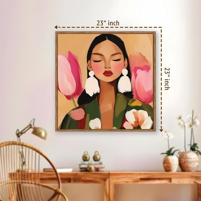 Botanical Woman Portrait Framed Painting For Living Room | Modern Floral Abstract Large Canvas Painting With Frame Wall Art For Bedroom, Hallway's, Office, Hotel, Size 58x58 cm