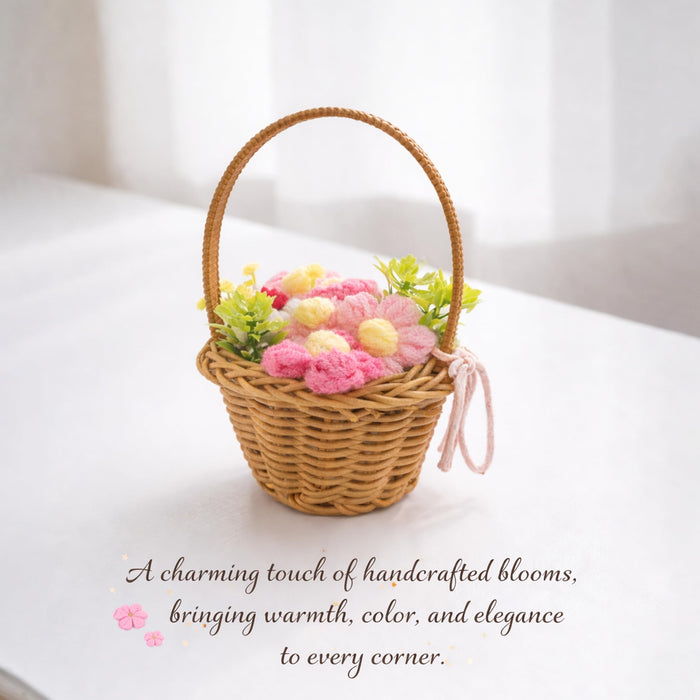 Art Street Handcrafted Crochet Flower Basket with Wicker Handle Decorative Table Accent, Artificial Flower Arrangement Gift Basket for Home Decor, Desk Styling, Shelf Decoration & Festive Gifting