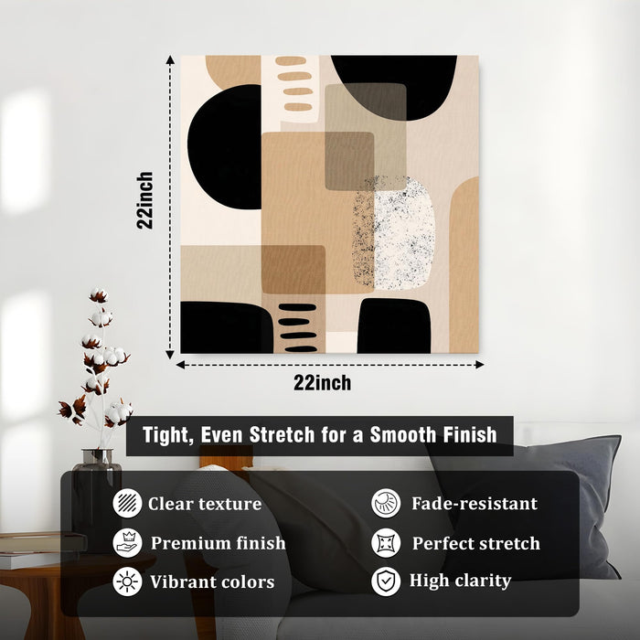 Mid-Century Modern Geometric Wall Art Painting For Living Room, Minimalist Abstract Shapes Stretched Canvas Painting, Black & Brown, Contemporary Boho Decor for Living Room & Office (56xx56 cm)