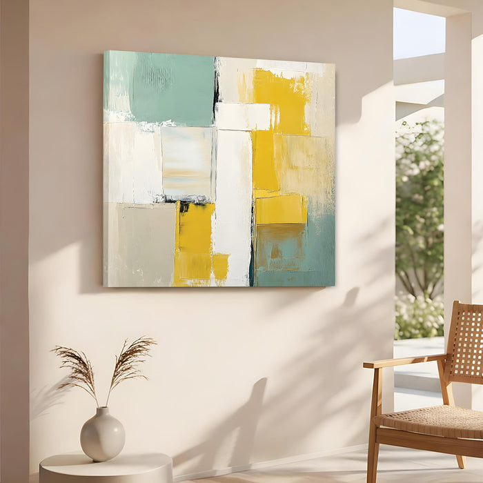 Modern Abstract Stretched Canvas Wall Art Painting For Living Room, Textured Geometric Oil Painting in Yellow, Sage Green & White, Large Gallery Wrap for Living Room & Office (56xx56 cm)