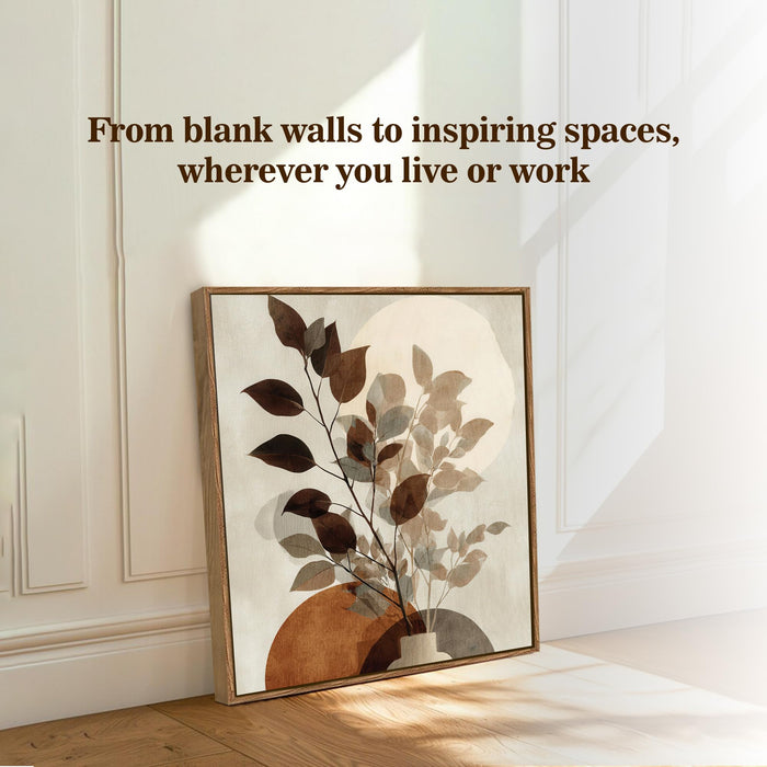 Abstract Vase Leaf Framed Painting For Living Room | Modern Botanical Large Canvas Painting With Frame Wall Art For Bedroom, Hallway's, Office, Hotel, Size 58x58 cm