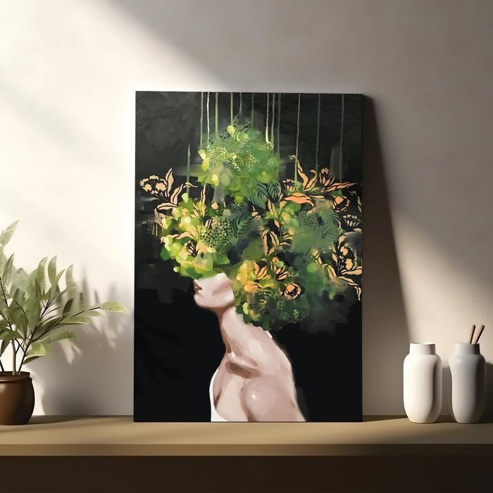 Stretched Modern Canvas Wall Art Painting, Women with Green Flower Bouquet Artwork for Home Decoration (Set of 1, 16x22 Inch)