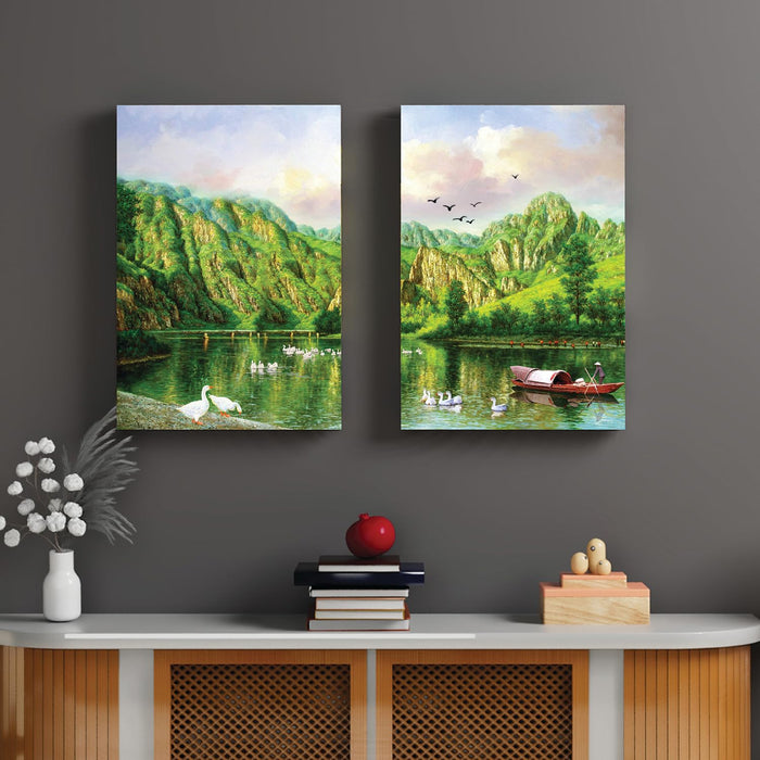 Art Street Stretched Canvas Painting Duck in the lake Mountain Landscape Printed For Living Room Decoration (Set of 2, Size: 16x22 Inch)