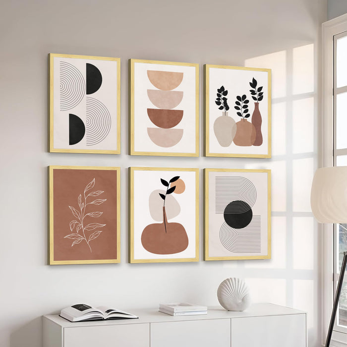 Abstract Botanical & Geometric Framed Painting Wall Art Set of 6 | Modern Neutral Prints | Beige, Brown & Black Tones | Engineered wood Frame Wall Décor, (Size: A3)