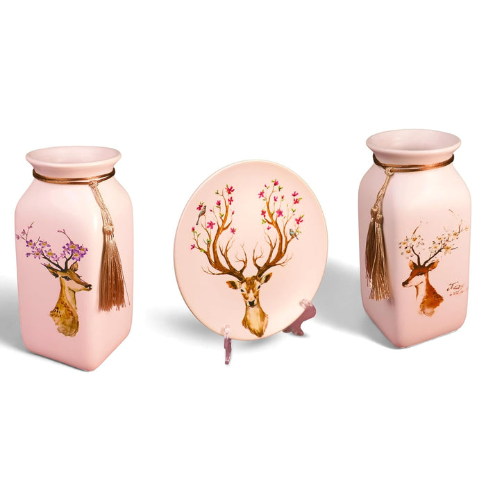 Flower and Deer Pinted Ceramic Vases and Decorative Plate Combo for Décor (White, 4.5x9 Inch and 8x8 Inch)