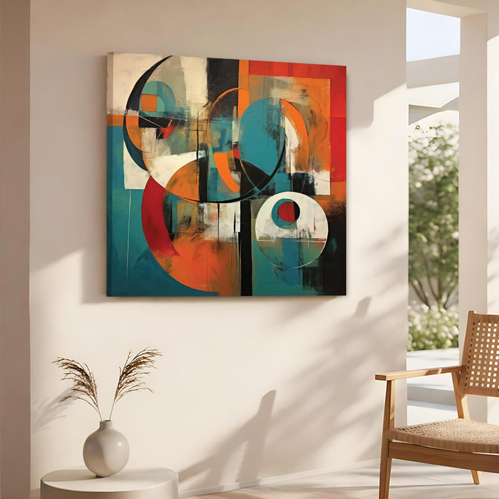 Modern Abstract Geometric Stretched Canvas Wall Art Painting for Living Room, Teal & Black Circles & Shapes Painting, Contemporary Decor for Living Room, Office & Home Decoration (56xx56 cm)