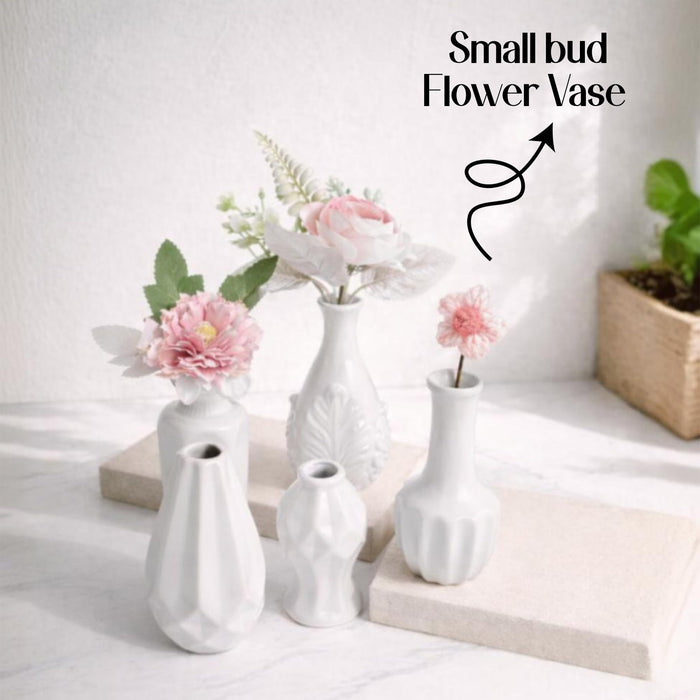 Set of 5 White Ceramic Decorative Vases for Home Decor | Modern Minimal Flower Vase Set for Living Room, Bedroom, Table & Gift