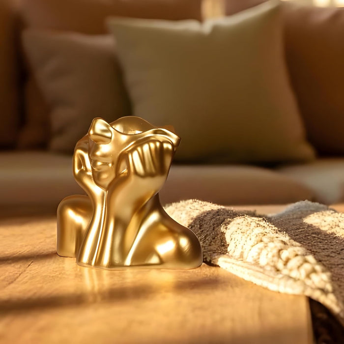 Golden Resin Face Flower Vase Handmade Human Face Shaped Pot Decorative Showpiece – 11x13 cm