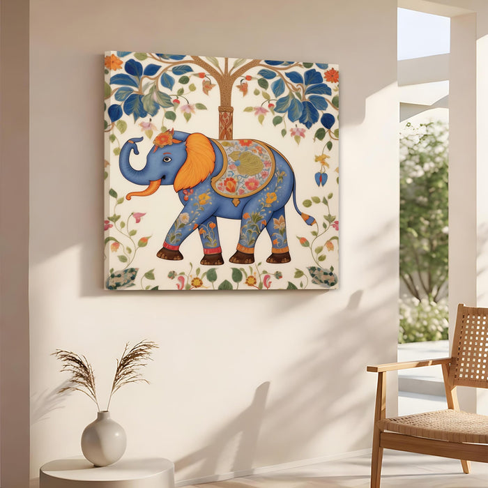 Traditional Madhubani Blue Elephant Stretched Wall Art Painting For Living Room, Indian Folk Tree of Life Stretched Canvas Painting, Ethnic Home Decor for Living Room & Office (56xx56 cm)