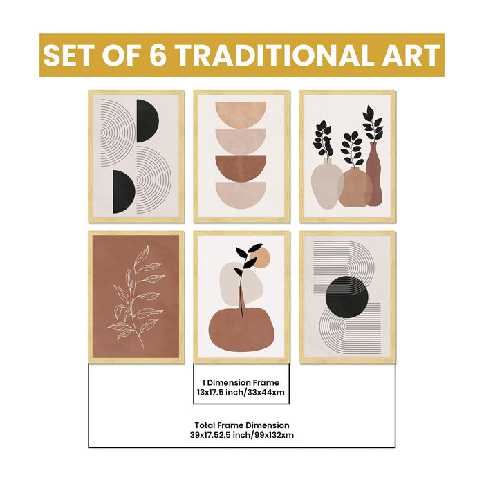 Abstract Botanical & Geometric Framed Painting Wall Art Set of 6 | Modern Neutral Prints | Beige, Brown & Black Tones | Engineered wood Frame Wall Décor, (Size: A3)