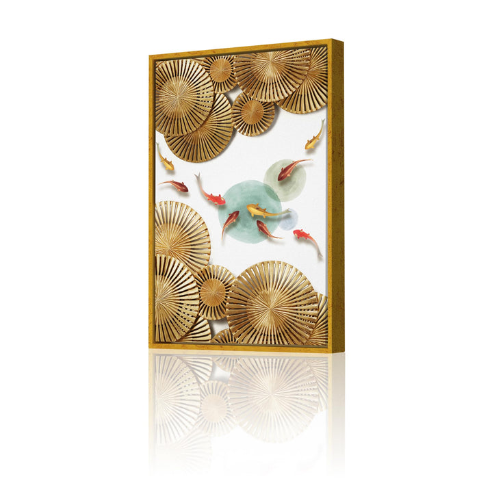 Art Street Gold Fanned Koi Fish Pond Framed Decorative Wall Art For Living Room (Size:23x35 Inch)