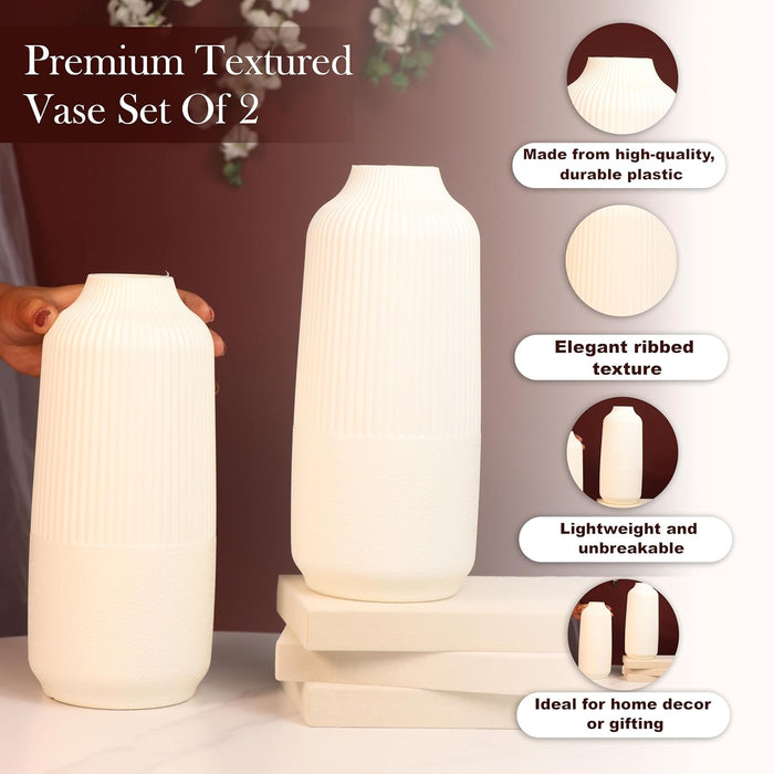 Beautiful Flower Vases for Home PVC Pot for Plants Stand Elegant Ribbed Texture White Vase Pot, Made of Durable Plastic PVC Height - 25 cm