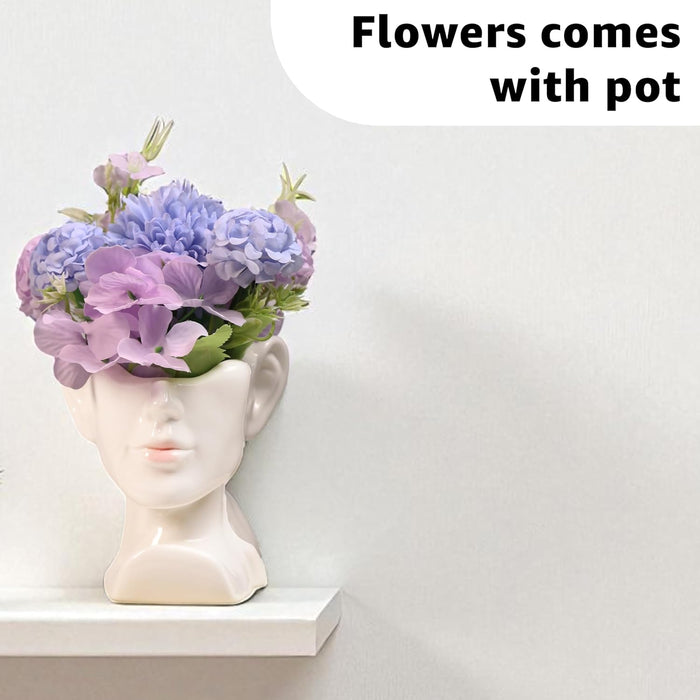 Artificial Flower with Ceramic Face Pot Vase Planter Women Head Pot with Flowers Vase Decorative Flower Vases for Home Living Room Dining Table Bedroom Office Indoor Décor 13x10x20 cm