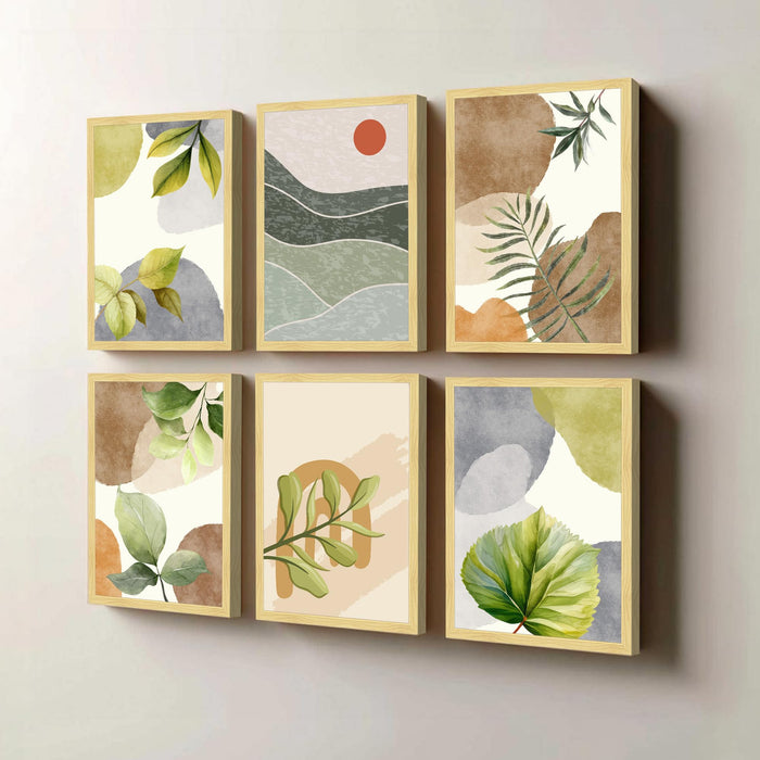 Botanical Abstract Framed Painting Wall Art Set of 6 | Green Leaf & Landscape Prints | Soft Neutral Tones | Engineered wood Frame Wall Décor, (Size: A3)