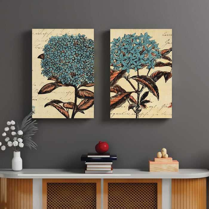 Art Street Floral Stretched Canvas Painting for Living Room Decoration Blue (Set of 2, Size: 16x22 Inch)