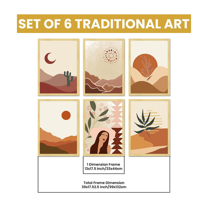 Boho Desert Framed Painting Wall Art Set of 6 | Sun, Moon, Botanical & Abstract Prints | Warm Earth Tones | Engineered wood Frame Wall Décor, (Size: A3)
