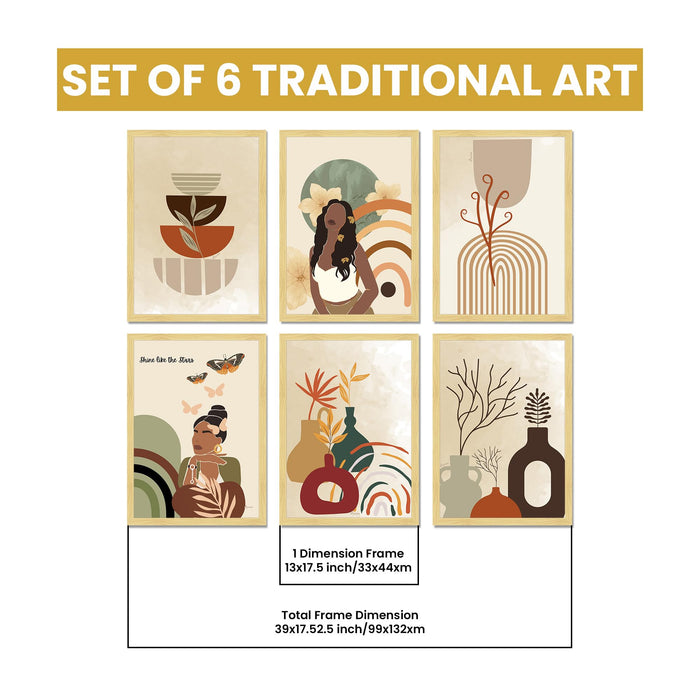 Boho Abstract Framed Painting Wall Art Set of 6 | Portrait, Botanical & Geometric Prints | Warm Neutral Tones | Engineered wood Frame Wall Décor, (Size: A3)