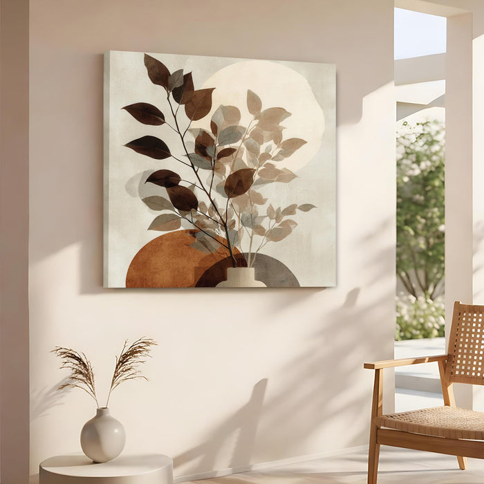 Abstract Botanical Leaf Stretched Canvas Wall Art Painting For Living Room, Modern Minimalist Earth Tone Painting, Boho Japandi Home Decor for Living Room, Bedroom & Office (56xx56 cm)