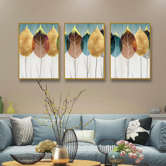 Abstract Golden Leaf Canvas Painting For Home Décor (17x23 Inch, Set Of 3)