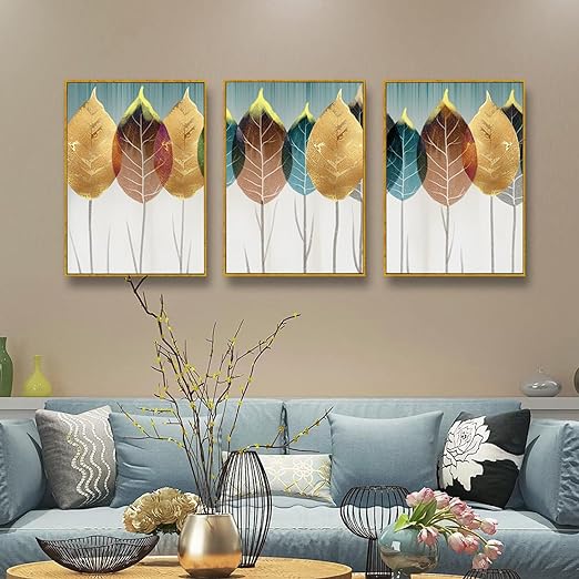Art Street Colorful Leaves Canvas Painting For Home Décor (17x23 Inch, Set Of 3)