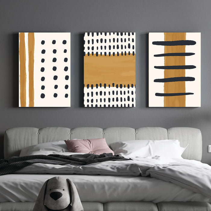 Art Street Stretched Canvas Painting Abstract Geometric Shapes, lines & Dots Print For Living Room Decoration (Set of 3, Size: 16x22 Inch)