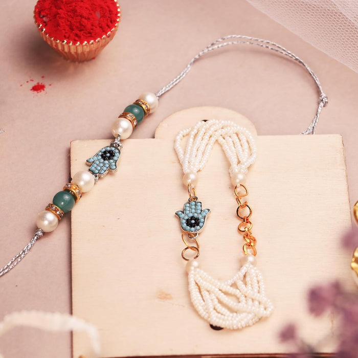 Rakhi Set for Brother and Bhabhi Premium Hand shape Rakhi with Roli and Chawal for Raksha Bandhan (Set of 3)