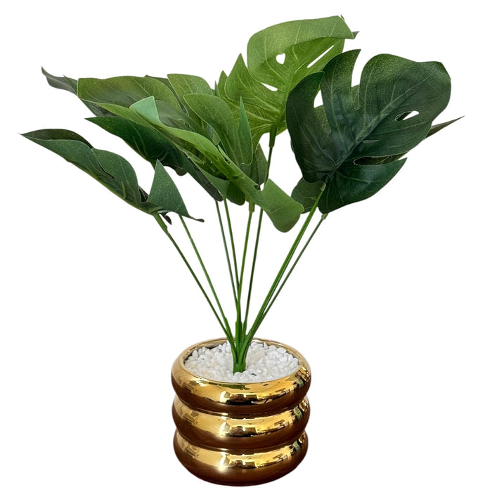 Ceramic Potted Vase Palm Leaf with Round Wave Pot for Table Top (Light Green, Size: 3x12 Inch)