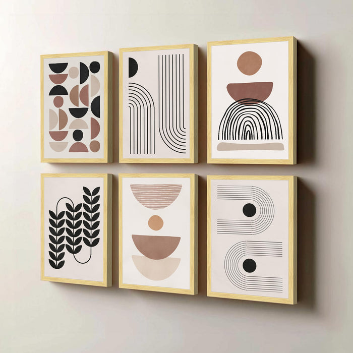 Boho Abstract Framed Painting Wall Art Set of 6 | Portrait, Botanical & Geometric Prints | Warm Neutral Tones | Engineered wood Frame Wall Décor, (Size: A3)