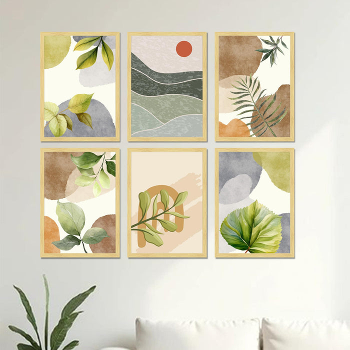 Botanical Abstract Framed Painting Wall Art Set of 6 | Green Leaf & Landscape Prints | Soft Neutral Tones | Engineered wood Frame Wall Décor, (Size: A3)