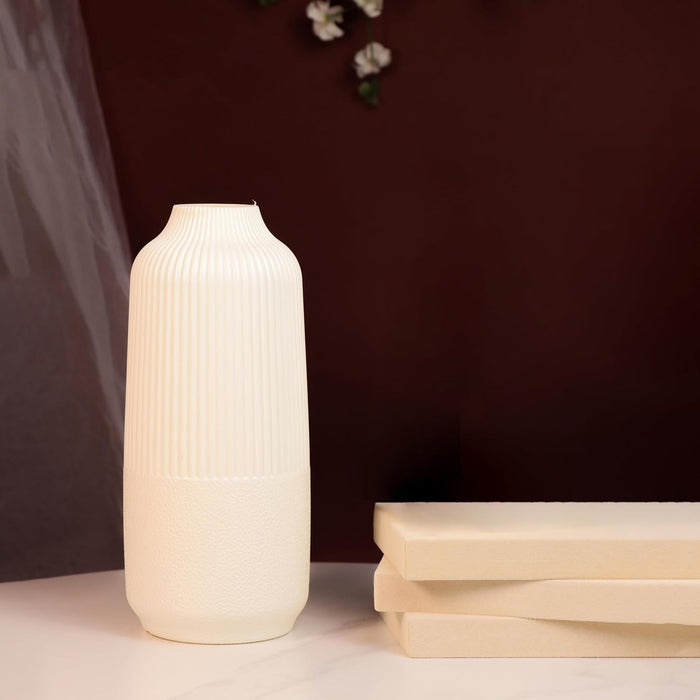 Beautiful Flower Vases for Home PVC Pot for Plants Stand Elegant Ribbed Texture White Vase Pot, Made of Durable Plastic PVC Height - 25 cm