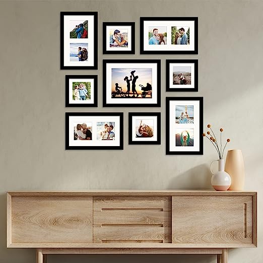 Family Square Photo Frames Set of 9 Brown Wall Photo Frames with Matte for Living Room Decoration