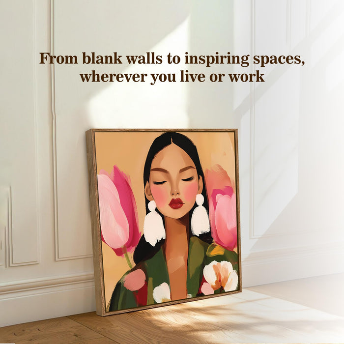 Botanical Woman Portrait Framed Painting For Living Room | Modern Floral Abstract Large Canvas Painting With Frame Wall Art For Bedroom, Hallway's, Office, Hotel, Size 58x58 cm