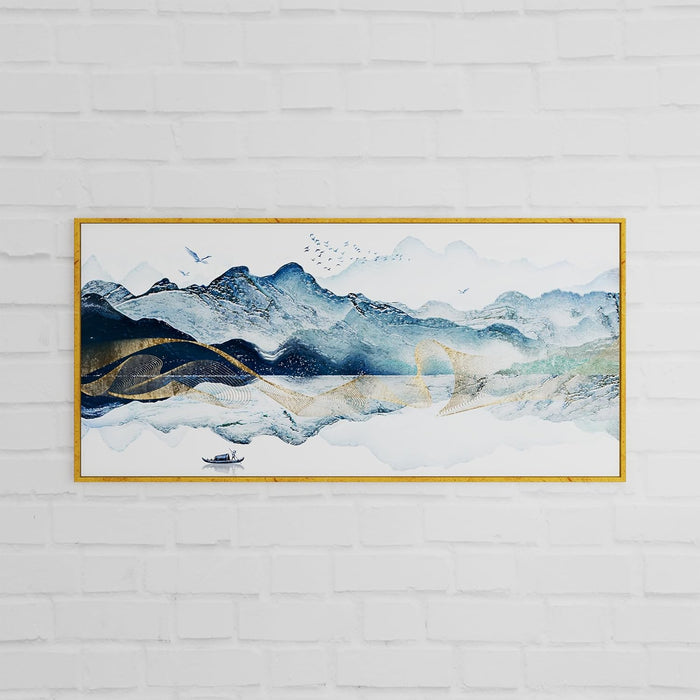 Art Street Abstract Mountain Birds Large Canvas Painting Panel for Home Décor (Gold, 23x47 Inch)