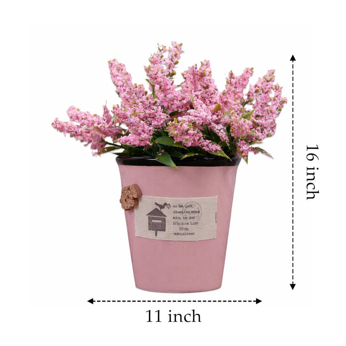 Ceramic Flower Pot with Artificial Pink Flowers | Decorative Tabletop Planter