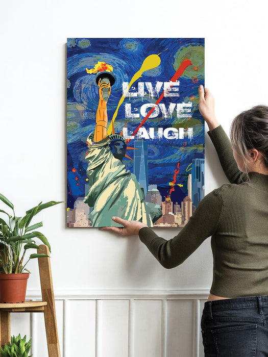 Art Street Stretched Canvas Painting Statue of Liberty Live Love Laugh Pop Graffiti Art For Home (Size: 16x22 Inch)