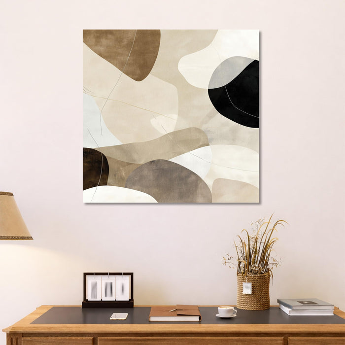 Large Framed Neutral Abstract Wall Art Painting For Living Room, Modern Minimalist Stretched Canvas Poster in Earth Tones, Geometric Shapes for Living Room, Office & Home Decor (56xx56 cm)