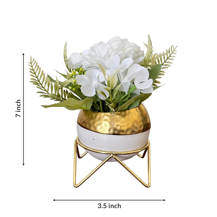 Ceramic Potted Vase Artificial White Hydrangea with Metal Stand & Pot for Table Top (White, Size: 3.5x7 Inch)