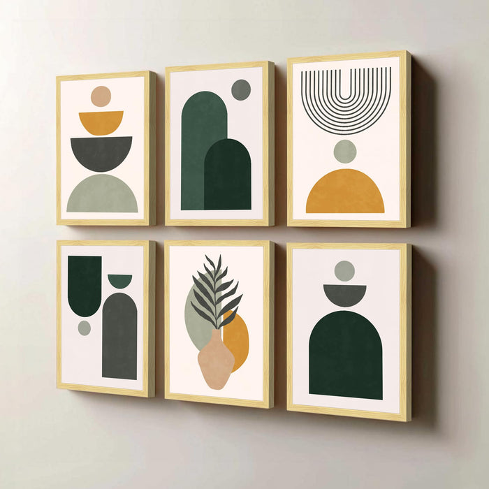 Boho Desert Framed Painting Wall Art Set of 6 | Sun, Moon, Botanical & Abstract Prints | Warm Earth Tones | Engineered wood Frame Wall Décor, (Size: A3)