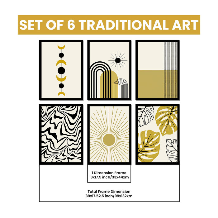 Abstract Boho Framed Painting Wall Art Set of 6 | Sun, Moon, Botanical & Geometric Prints | Neutral Earth Tones | Engineered wood Frame Wall Décor, (Size: A3)