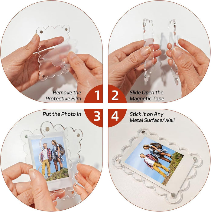 Acrylic Magnetic Picture Photo Frames 6x9 Cm Set of 4, Custom Acrylic Refrigerator, Scalloped Rectangle Fridge Magnetic Frames with Personalized Photos