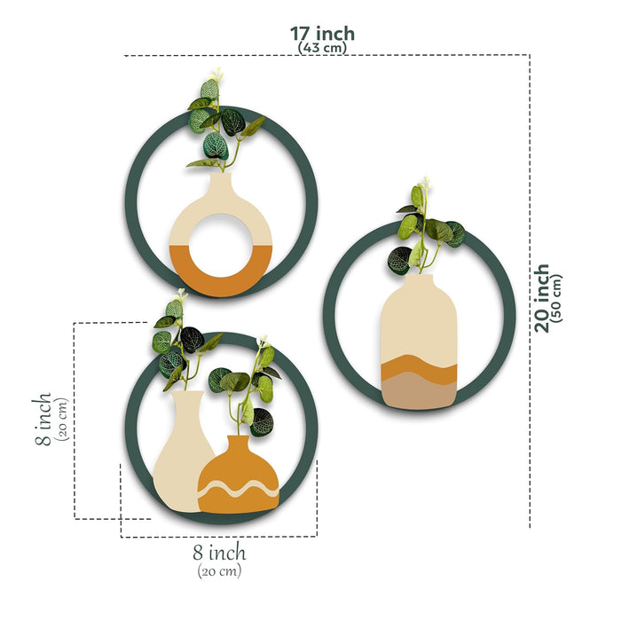 MDF Boho Wall Decor Round Vase Hanging with Artificial Plant Leaf Pack of 3 Wooden Circular Wall Decoration 20x20 cm
