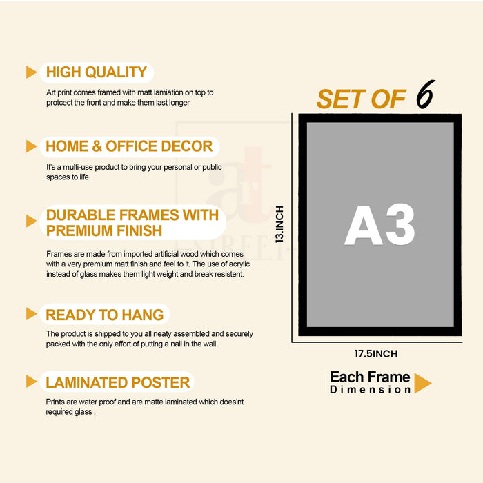 Abstract Botanical & Geometric Framed Painting Wall Art Set of 6 | Modern Neutral Prints | Beige, Brown & Black Tones | Engineered wood Frame Wall Décor, (Size: A3)