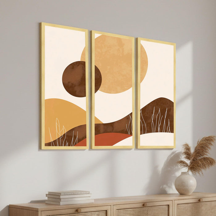 Abstract Landscape Framed Wall Art Set of 3 | Modern Boho Geometric Wall Décor | Engineered Wood Frame Prints for Living Room, Bedroom & Office, 8.9x18.9 Inch