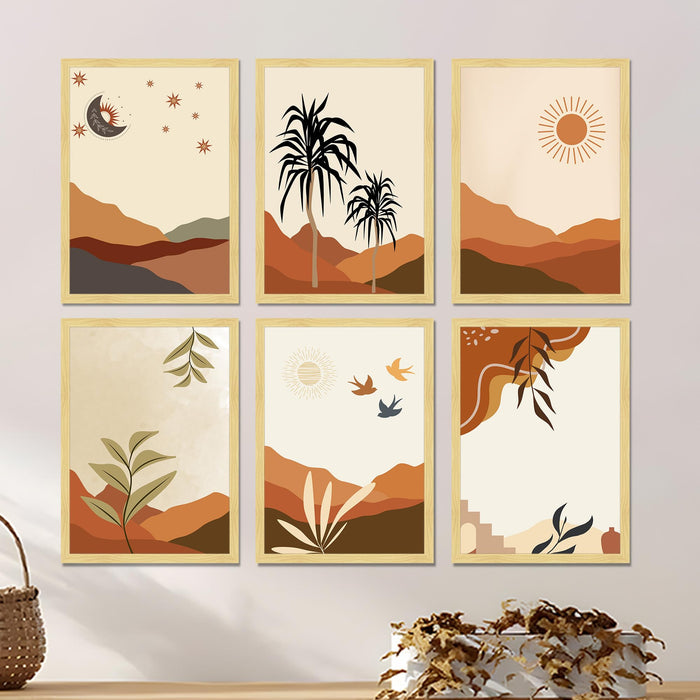 Boho Landscape Framed Painting Wall Art Set of 6 | Sun, Moon & Botanical Desert Prints | Warm Earth Tones | Engineered wood Frame Wall Décor, (Size: A3)