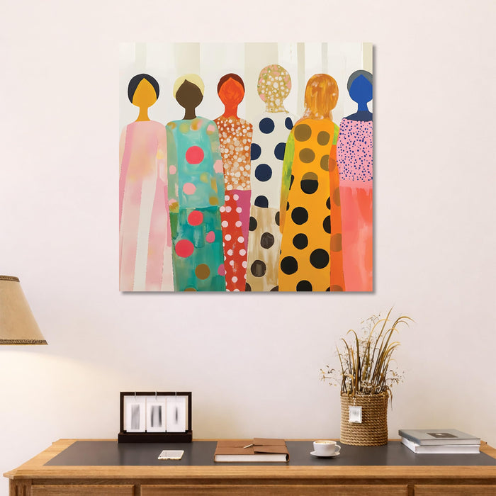 Feminine Abstract Wall Art Painting For Living Room, Modern Colorful Feminine Stretched Canvas Wall Art Poster Featuring Stylized Women in Polka Dot Dresses for Living Room & Office (56xx56 cm)