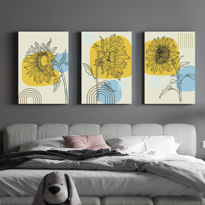Art Street Stretched Canvas Painting Floral of Sunflower Art For Living Room Decoration (Set of 3, Size: 16x22 Inch)