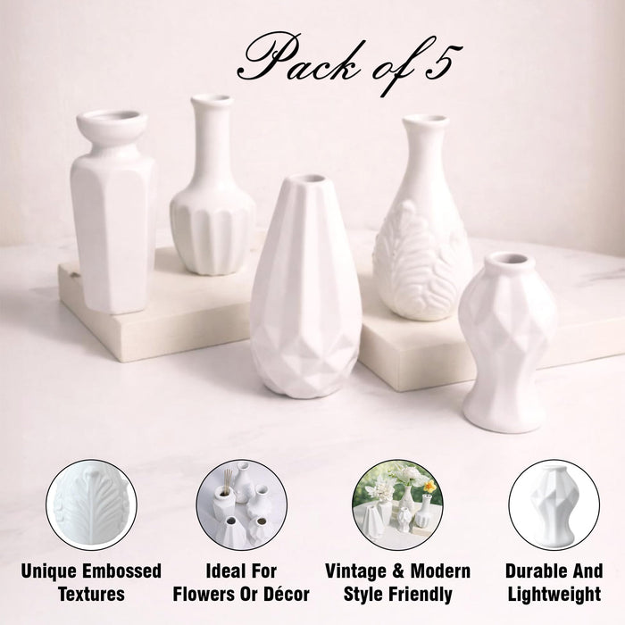 Set of 5 White Ceramic Decorative Vases for Home Decor | Modern Minimal Flower Vase Set for Living Room, Bedroom, Table & Gift