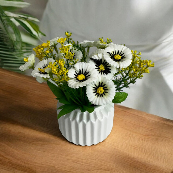 Art Street Ceremic Flower Vase with Artificial Flowers, White Daisy Bunch Silk Flowers in Pot for Home, Table, Window, Living Room, Bedroom, Office (White, Size: 3.2x8 Inch)