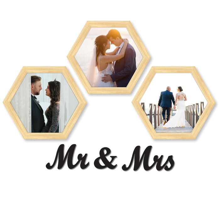 Hexagon Wall Photo/Picture Frame Set of 3, and 'Mr & Mrs' Word (Size 10x9.2 Inch)
